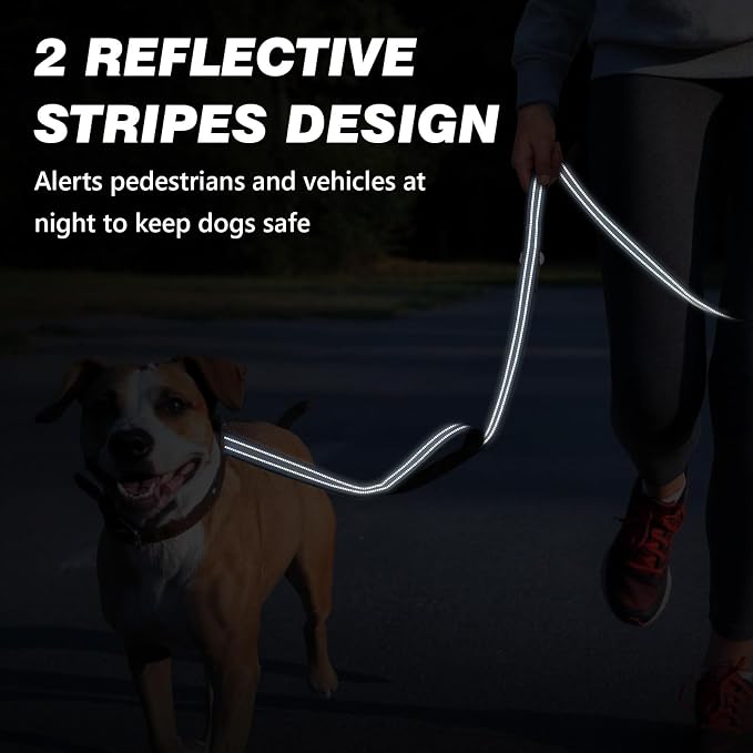 Double Handle Dog Leash with Poop Bag Holder and Car Seat Belt Buckle | Heavy Duty | Double Handle | with Poop Bag Holder | with Car Seat Belt Buckle | Reflective | Lightweight