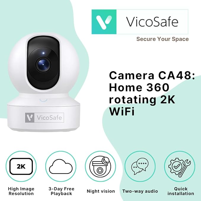 VicoHome CA48 Indoor Security Camera – 3K WiFi Pet & Baby Monitor, 360° Pan/Tilt, Night Vision, Motion Detection, Two-Way Audio, Works with VicoHome App