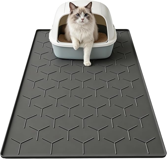 Garoopion Silicone Cat Litter Mat 34×22 inch, Easy to Clean, Black | Waterproof Silicone Mat with Raised Edges, Catch Litter, Protect Floor from Urine, Multi-Use for Dog/Sink/Kitchen/Boots