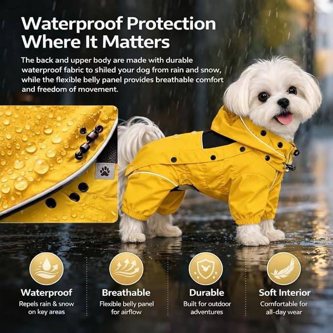 LOVELONGLONG Waterproof Dog Raincoat with Removable Hood – Outdoor Full Body Dog Jacket, Windproof Snowproof Shell Suit – All Season Pet Rain Gear Mustard Yellow S