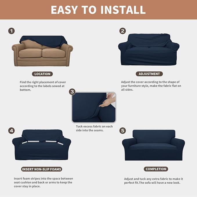 Easy-Going 100% Waterproof Oversized Loveseat Cover, Couch Cover for Sofa | Dual Waterproof Sofa Cover, Stretch Jacquard Sofa Slipcover, Leakproof Furniture Protector for Kids Pets Dog, Dark Blue