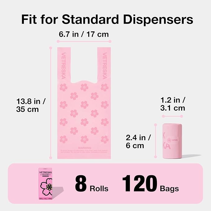 VETRESKA Dog Poop Bags with Handles 120 Count, Floral Scented Waste Bags | Leak-Proof Thick Dog Bags for Poop, Easy-Tie Large Poop Bags, 8 Refill Rolls for Dog Walking Cat Litter