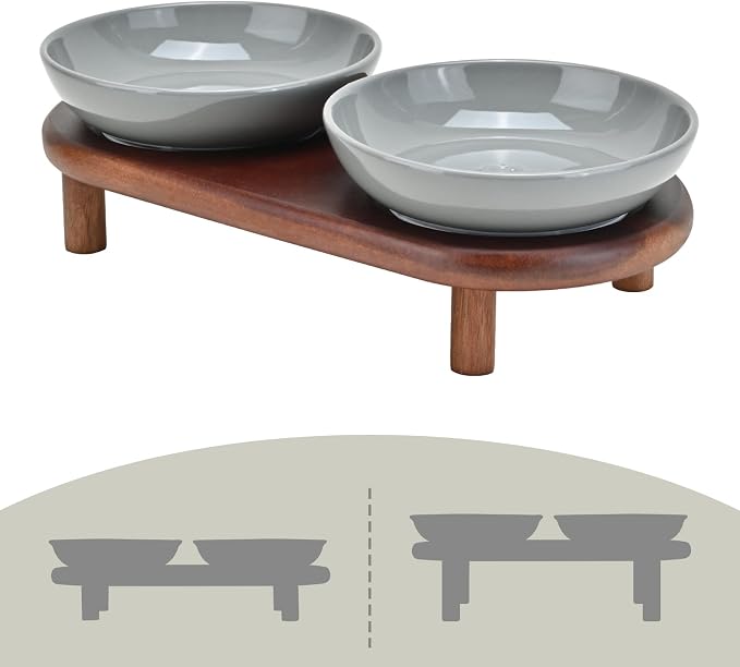 SPUNKYJUNKY Extra Wide Elevated Ceramic Cat Bowl with Acacia Wood Stand Whisker Friendly (Cat Paw Pattern, Gray)