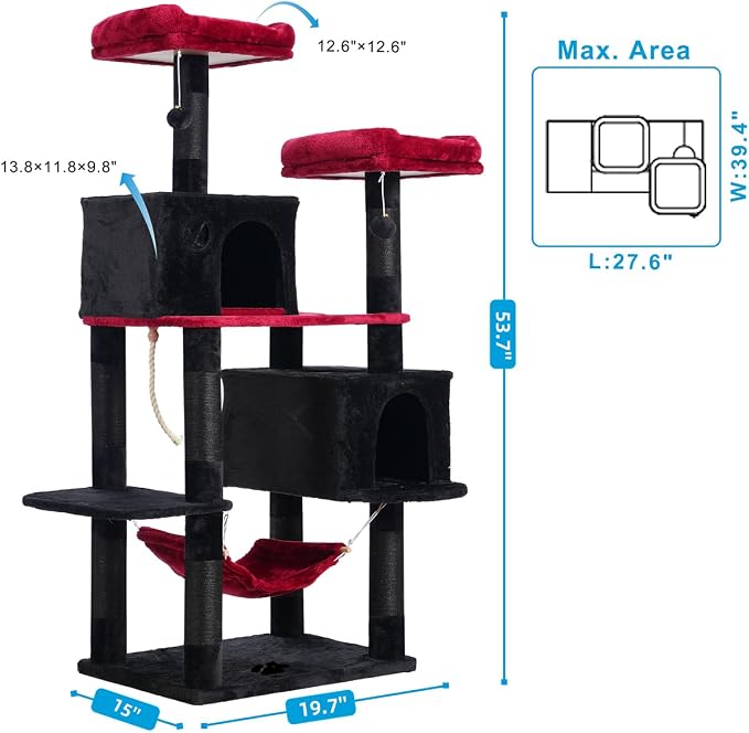 Hey-brother Cat Tree Tower with Sisal Scratching Posts, Big Condo, MPJ020BR | 53.7 Inches Multi-Level Cat House with 2 Bigger Plush Condos, 2 Platforms, Hammock, Toy Balls for Indoor Cats, Black and Red