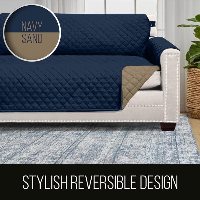 Sofa Shield® Couch Loveseat Covers for Dogs, Reversible Furniture Protector with Strap, Stain and Tear Resistant Cushion Cover, 54 inch Seat, Machine Washable Slipcover Pets, Cats, Navy Sand