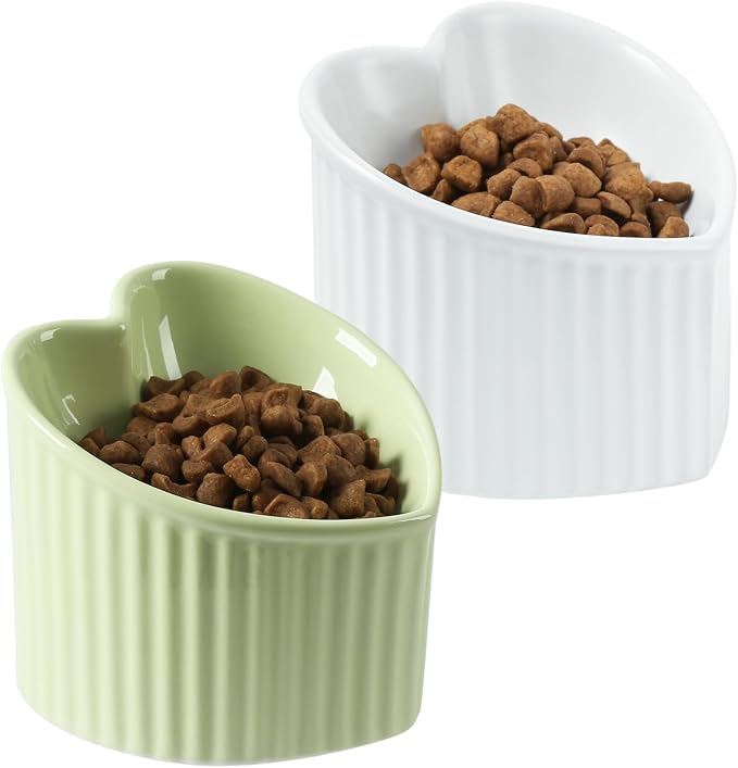 5 in Ceramic Raised Tilted Cat Food Bowls 2 Pack(White&Green) | Elevated,Love Heart Shape, Slanted Pet Feeding Dishes, Stress Free Feeder Bowl for Kitty, Small Cats, Protect Pet's Spine