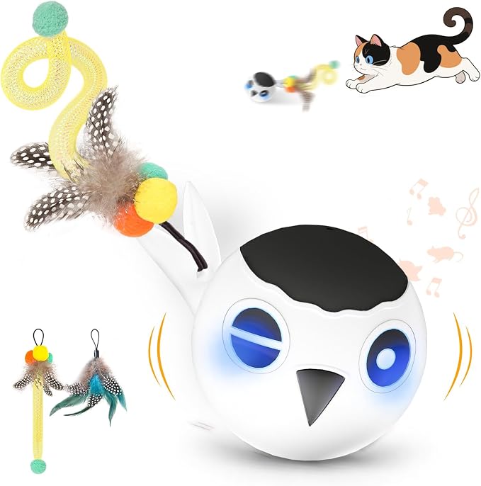 Cat Toys, Interactive Kitten Toys Indoor Cats, USB Rechargeable Electronic Smart Exercise Toy, Motion Activated Fast Moving Chirping Stimulating Light, 2 Feather Tails (White)