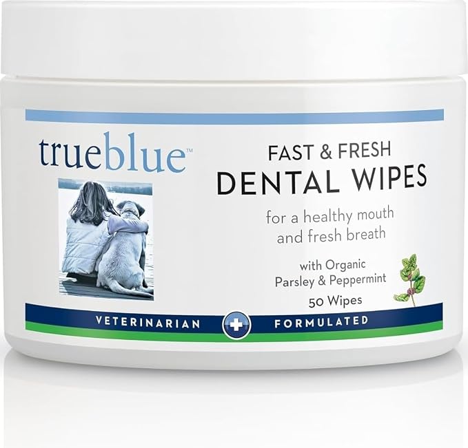 TrueBlue Parsley & Peppermint Fast and Fresh Dog Dental Wipes – Pre-Moistened Teeth Cleaning Pads - Non-Toxic, All-Natural Tooth Cleansing– 50 Count