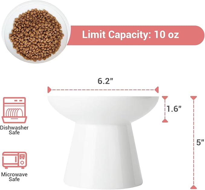 CEEFU 2-Pack Extra Wide Elevated Ceramic 6.2" Shallow Cat Food Bowls | Cat Dish for Whisker Fatigue Relief, 5" Height for Easy Feeding, Durable Raised, White