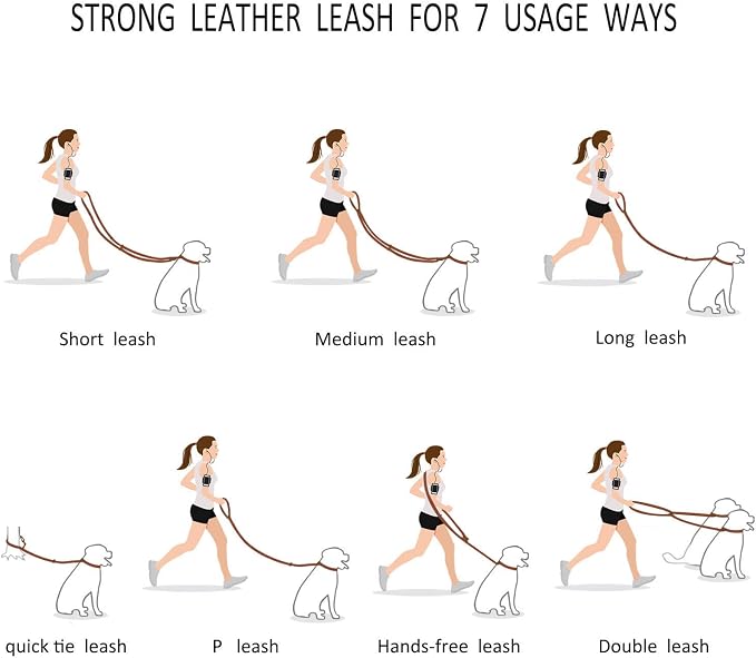Multi Function 8ft Genuine Leather Hands Free Dog Training Leash for Puppy Small and Medium Dogs (8 Foot*3/8 inch, Brown)