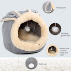 Cat Beds for Indoor Cats-Rabbit-Shaped Cat Cave Bed with Hanging Toy,Grey M | Super Soft Calming cat Tent house for Kitten&Puppy,Warm Plush&Machine Washable&Removable Cushioned Pad,Cute cat Hideaway
