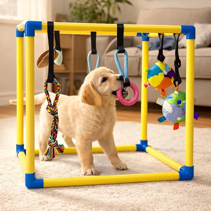Puppy Play Gym with Five Hanging Toys and Lightweight PVC Frame | Five detachable hanging toys engage your puppy to keep them entertained and active indoors.