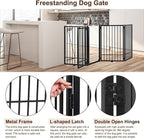 Metal Freestanding Dog Gate with Door, Extra Wide 81", 31" Height Foldable Dog Gates for Doorways, Tall Pet Fence Indoor Pet Gates, 4 Panels Pet Barrier for Stairs Hallways, Black