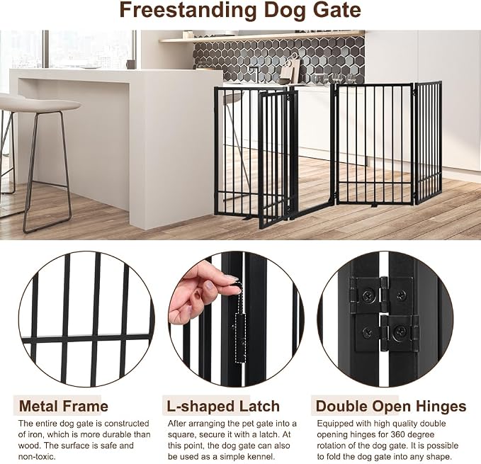 Metal Freestanding Dog Gate with Door, Extra Wide 81", 31" Height Foldable Dog Gates for Doorways, Tall Pet Fence Indoor Pet Gates, 4 Panels Pet Barrier for Stairs Hallways, Black