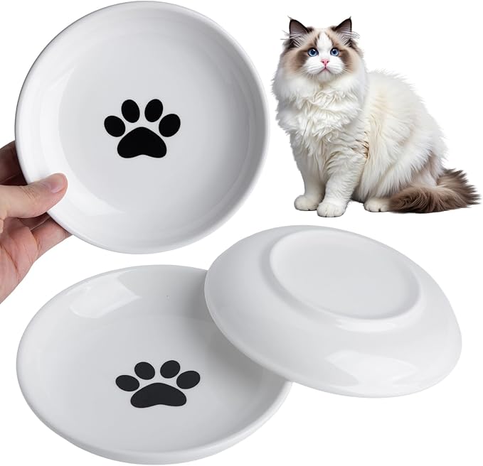 Cat Food Bowl Set of 3, Ceramic Cat Bowls, Anti Whisker Fatigue Cats Bowl Set,5.9 Inches Shallow Wide Kitten Plates for Wet/Dry Food, Indoor Pets(Paw)