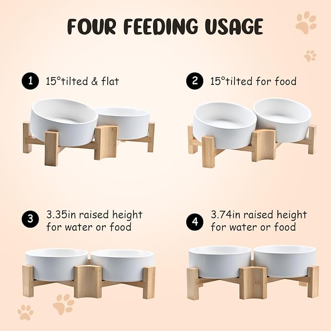 SPUNKYJUNKY 15° Slanted Ceramic Dog and Cat Bowl with Wooden Stand, Tilted Bulldog Food and Water Bowl No Slip Non-Spill for Cats Medium Dogs Big Face Pets 13.5 OZ (1.7 Cups, White × 2)