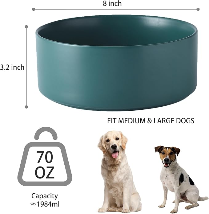 8'' Ceramic Dog Bowl - 70Oz Classic Dogs Food & Water Bowl for Medium and Large Breeds, Heavy-Duty Non-Slip Dog Dish, Food Grade Stoneware Pet Bowl, Dishwasher & Microwave Safe, Green