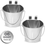 6 Quart Stainless Steel Flat Sided Bucket with Dual Hooks | 2 Pcs Food & Water Bowl for XL Dog Goat Cattle Horse & Livestock | Fits kennel Crate Cages Farm Hanging Pet Pail | Multipurpose