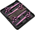 Moontay Professional 7" Dog Grooming Scissors Set 4PCS, Pink | Straight, Upward Curved, Downward Curved, Thinning/Blending Shears for Dog, Cat and Pets, JP Stainless Steel