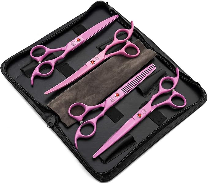Moontay Professional 7" Dog Grooming Scissors Set 4PCS, Pink | Straight, Upward Curved, Downward Curved, Thinning/Blending Shears for Dog, Cat and Pets, JP Stainless Steel
