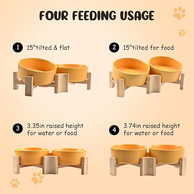 SPUNKYJUNKY 15° Slanted Ceramic Dog and Cat Bowl with Wooden Stand, Tilted Bulldog Food and Water Bowl No Slip Non-Spill for Cats Medium Dogs Big Face Pets 13.5 OZ (1.7 Cups, Yellow × 2)