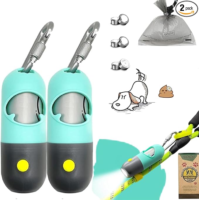 Dog Poop Bag Holder With LED Flashlight | Pet Waste Dispenser for Leash | Doggie Potty Container With Leak-proof Trash Bags and Accessories (2 Holders 30 Bags, Mint Green)