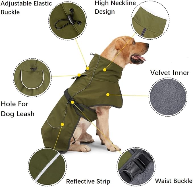 Dog Raincoat - Waterproof Winter Jacket with Velvet Inner, Reflective Strip, Black, XX-Large