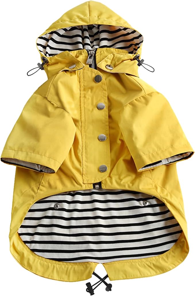 Morezi Dog Zip Up Raincoat with Reflective Buttons, Rain/Water Resistant, Adjustable Drawstring, Removable Hood, Raincoats with Legs 8lbs to 80lbs Available - Yellow - L