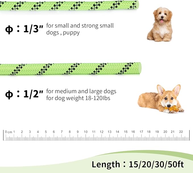 Long Dog Leash for Training 30Ft-Reflective Nylon Rope with Swivel Hook-Recall Agility Lead for Large Small Medium Dogs Outside Walking Hiking-Green Diam 1/2"