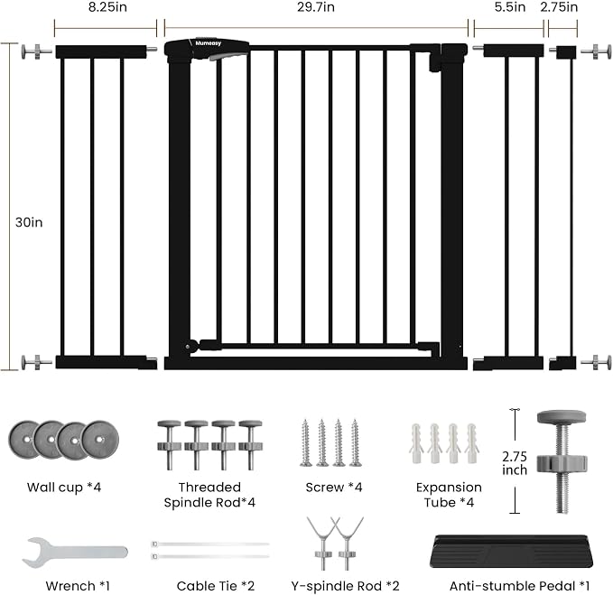 Mumeasy 29.7-48" Baby Gate for Stairs, Pressure Mounted Dog Gate for Doorways, Extra Wide Walk Thru Safety Pet Gate for Doors with Auto Close, Easy Install Child Gate for Hallway Indoor House, Black