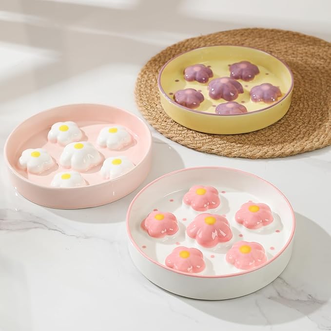 Ceramic Slow Feeder Cat Bowl, 6.3" Whisker Friendly Anti-Vomit, Blush | Shallow Cat Puzzle Feeder, Slow Eating 3x, Dry & Wet Food, Cute Flower-Shaped Maze, Microwave & Dishwasher Safe, 6.3" X 1.2"