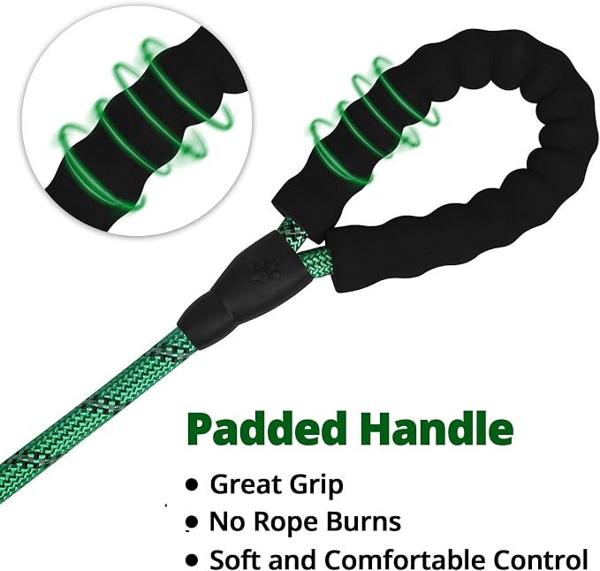 Rope Dog Leash 6 FT: Heavy Duty Leashes with Swivel Lockable Hook Reflective Threads Bungee and Padded Handle - Dog Lead for Large Small Medium Dogs Outside Walking Hiking Green