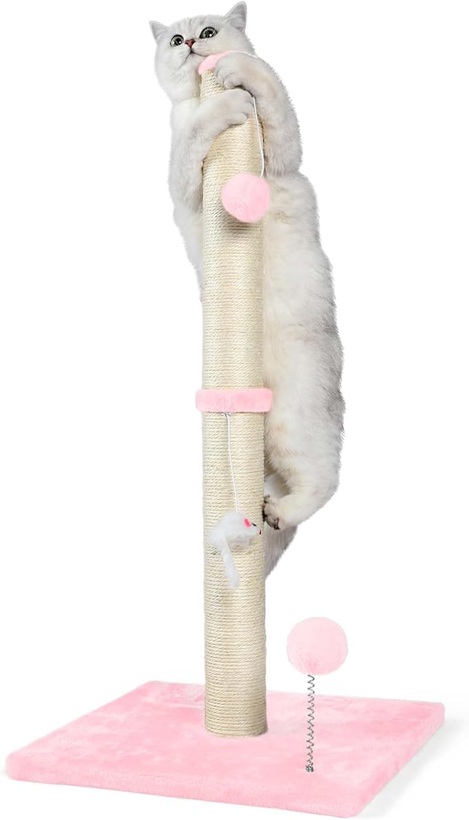 ANWA 32" Tall Cat Scratching Posts for Indoor Cats, 3-in-1 Cat Scratching Post with Plush Toys, Premium Sisal Post for Cats at All Ages with Reinforced Stable Base, Pink