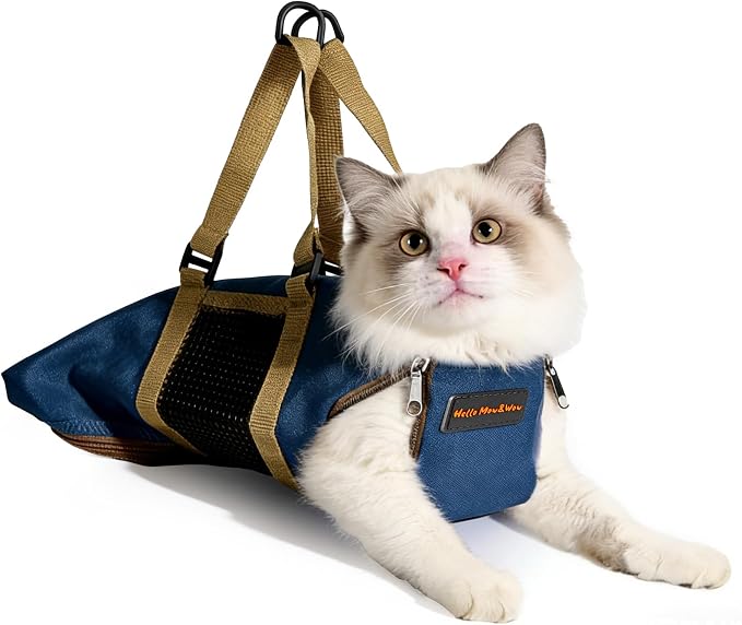 Cinf Cat Nail Clipping Cleaning Grooming Restraint Bag No Scratching Biting for Bathing Nail Trimming Injecting Examining(Tan Blue,M)
