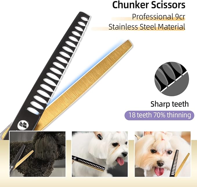 Dog Grooming Scissors Kit for Small Dogs, Black and Gold Two-Color Blender Shears Chunker Shears Curved Scissors Straight Scissors 4 pcs Set(Black&Gold,Kit)