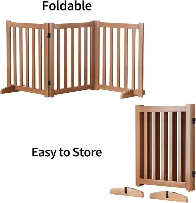 Wooden Freestanding Foldable Dog Gate, 24 Inch Height 3 Panel Pet Gate No Drill for Doorways Stairs, Fully Assembled Indoor Puppy Fence (Brown, 60" W x 24" H)