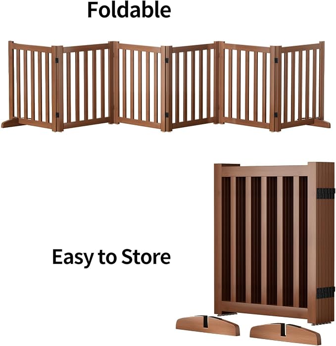 Wooden Freestanding Foldable Dog Gate, 24 Inch Height 6 Panel Pet Gate No Drill for Doorways Stairs, Fully Assembled Indoor Puppy Fence (Teak Color, 120" W x 24" H)