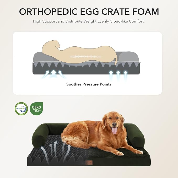 Orthopedic Dog Bed for Extra Large Dogs, 41x27in, Olive Green | Orthopedic Foam Relieves Joint Pressure, Bolsters Supports Head And Neck, Washable Cover, Non-Slip Bottom