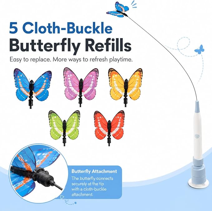 Rechargeable Butterfly Cat Toy for Indoor Cats, Electric Cat Wand with Suction Cup Base, 2 Play Modes, Self-Play & Handheld Cat Wand with 5 Cloth-Buckle Butterfly Refills, Blue