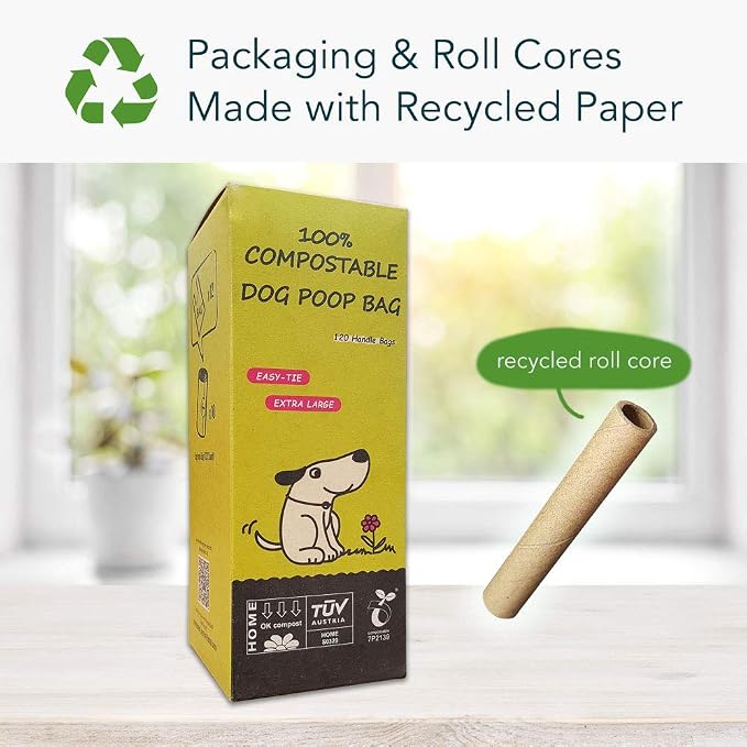 Dog Poop Bag, Compostable Doggie Poop Bags with Handles, Easy-Tie Pet Waste Bags, Eco-Friendly, Unscented, Vegetable-Based, Extra Thick Leak Proof, for Dogs and Cat Scoops, 120 Bags