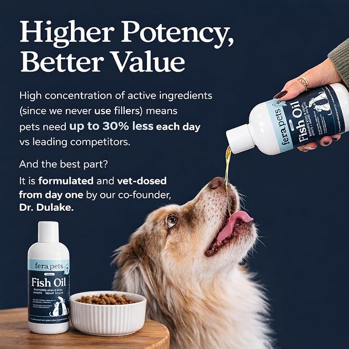 Fera Pets Liquid Fish Oil - Non GMO Omega 3 for Dogs & Cats, 8 oz | Non-GMO Omega 3 Fish Oil for Dogs & Cats with Vitamin E that Supports Joint, Heart, Skin & Coat Health