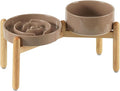 Havniva Elevated Slow Feeder Dog Bowls, Ceramic Dog Bowl Slow Feeder Set | 1.6 Cups Raised Slow Feeding Bowl for Medium Breed, 7.3” Dog Water Bowl with Wooden Stand, Puzzle Dog Slow Feeder, Non-slip