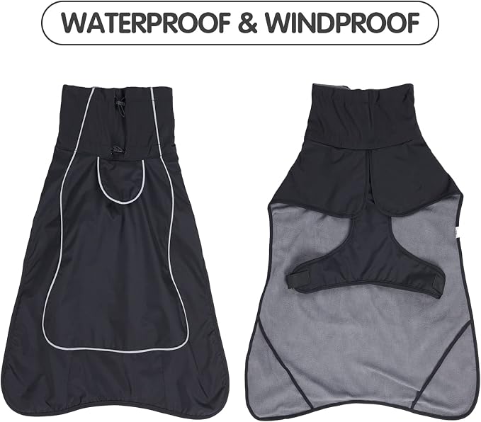 JOHNBOLIN Dog Winter Jacket & Raincoat - Waterproof Windproof Reflective Coat with Warm Insulation, All-Weather Hiking Travel Gear for Indoor/Outdoor Use (Black, Large)