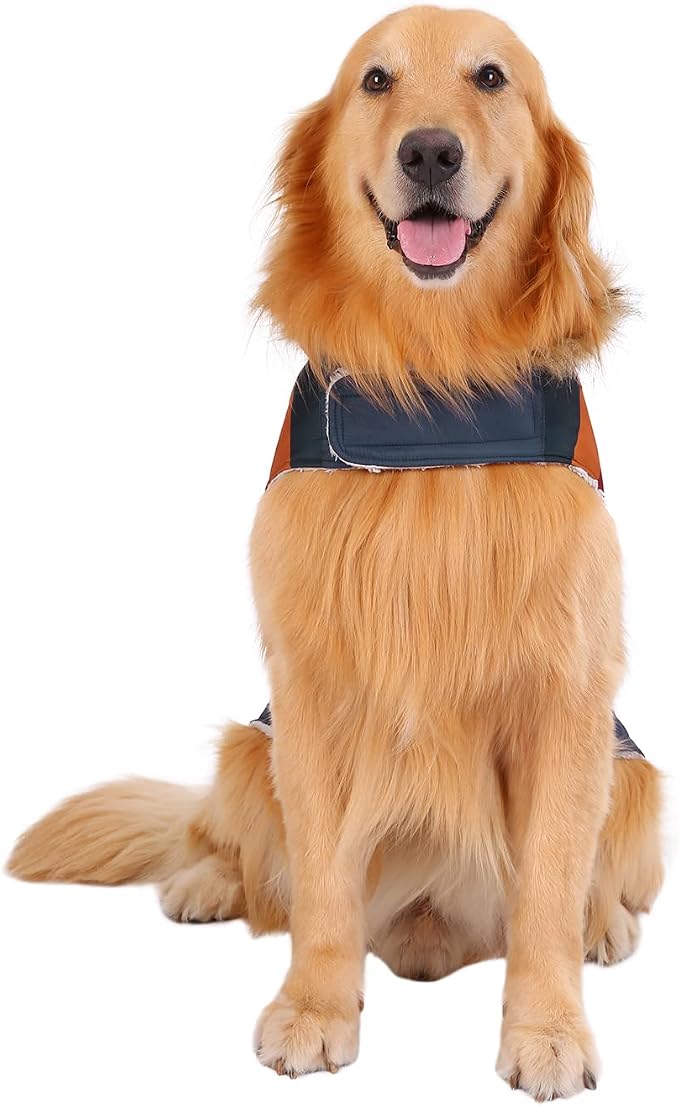 HDE Dog Puffer Jacket Fleece Lined Warm Dog Parka Winter Coat with Harness Hole Navy Retro Stripe - L