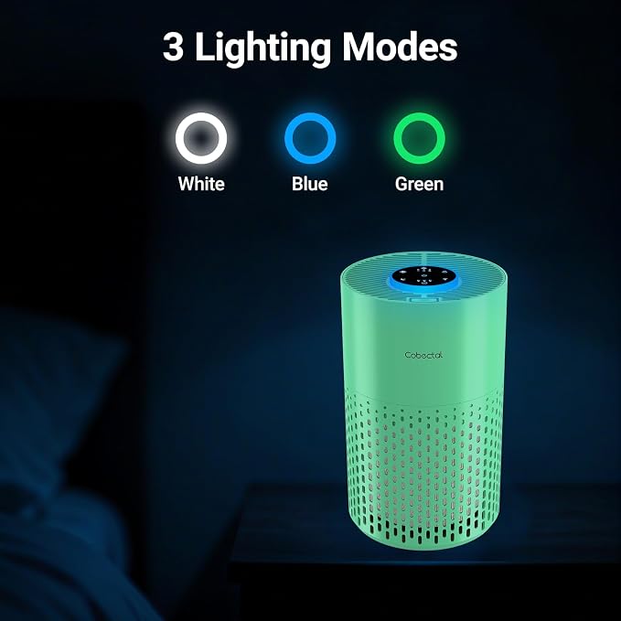 Cobectal Air Purifiers for Home Bedroom, Air Cleaner with HEPA 3-in-1 Filter for Room up to 1050 ft², Aroma Function, Sleep Mode, Portable Air Purifiers for Office, Dorm, RVs, Hotel, Green