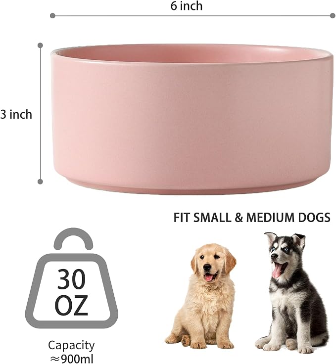 6'' Ceramic Dog Bowl - 30Oz Classic Dogs Food & Water Bowl for Small and Medium Breed Dogs, Heavy Duty Non-Slip Dog Dishes, Food Grade Stoneware Pet Bowl, Dishwasher & Microwave Safe, Pink