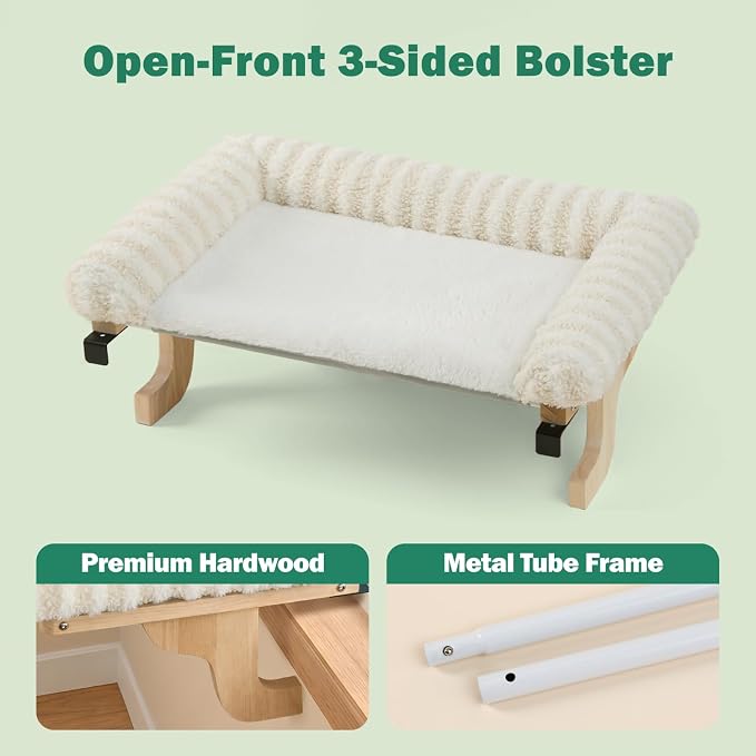 Zakkart Mellow Cat Perch for Windowsill with Hardwood Frame (Beige, XL) | Hook-On Windowsill Mount, Zipper Removable Bed, Open-front View, Machine Washable, Support up to 40 lbs., 27"W x 15.5"D