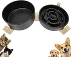 Ceramic Slow Feeder Dog Bowl Set-0.8 Cup Puzzle Dog Food Bowl（≈180g Food） for Fast Eater & 850ML Dog Water Bowl with Wooden Stand for Small Dogs and Cats,Anti-Slip,Black