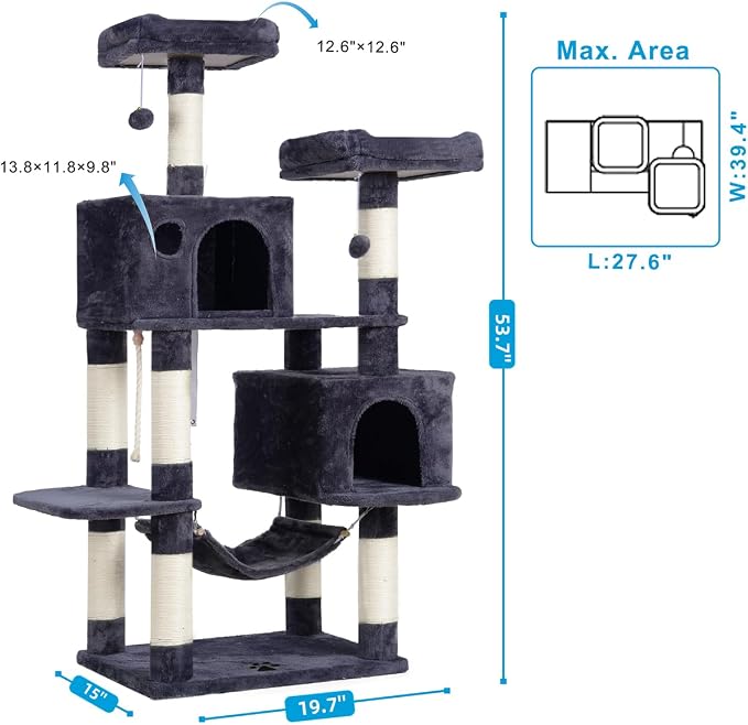 Hey-brother Cat Tree Tower with Sisal Scratching Posts, Big Condo, MPJ020G | 53.7 Inches Multi-Level Cat House with 2 Bigger Plush Condos, 2 Platforms, Hammock, Toy Balls for Indoor Cats, Smoky Gray