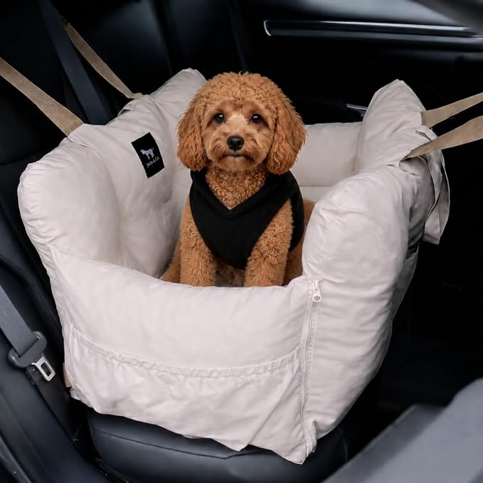 JACKO & CO - Premium Dog Car Seat Bed V2 for Small & Medium Pets Under 40lbs - Water Resistant, Machine Washable, Removable Covers, Clip-On Leash for Back Seat Use (Ultra Prem, Beige Medium 25-45lbs)
